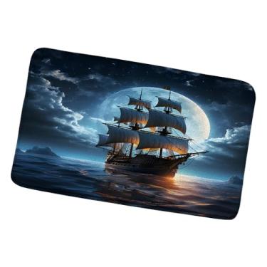 Imagem de Tapete de banho navio pirata náutico veleiro oceano aventura lua cheia céu noturno nublado paisagem tapetes de banheiro capacho de cozinha tapete de banheiro 45 x 75 cm