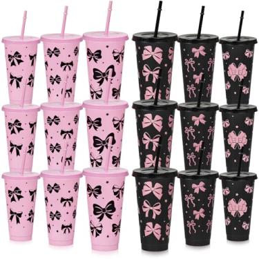 Imagem de Cinrobiye Conjunto de 24 copos com laço rosa e preto com tampas e canudos, copos de plástico de 680 g, reutilizáveis, para mulheres, presente de aniversário, casamento, chá de bebê, decoração de festa