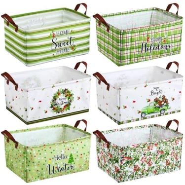 Imagem de CHENGU Pacote com 6 cestas de armazenamento de Natal dobráveis para presente de caminhão verde, guirlanda de flores, caixa pontilhada dobrável com alça para quarto, escritório, casa
