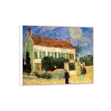 Imagem de BMZFYBS Vincent van Gogh Famosa pintura em tela de arte de parede pronta para pendurar. Casa branca à noite. Imagem em moldura branca para decoração de sala de estar 70 x 85 cm 27 x 33 pol