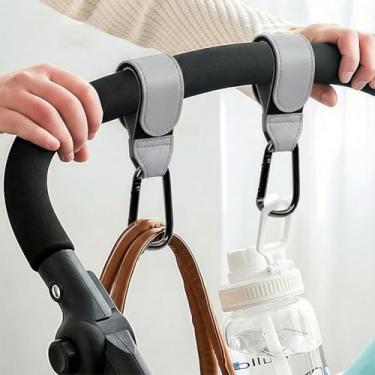 Imagem de 2 ganchos para carrinho de bebê, ganchos de bolsa para pendurar bolsas de fraldas, ganchos multiuso para sacolas de compras, tiras de couro vegano premium