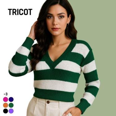 Imagem de Blusa Feminina Tricot Manga Longa Gola V Listrada Casual - Vitrine Col