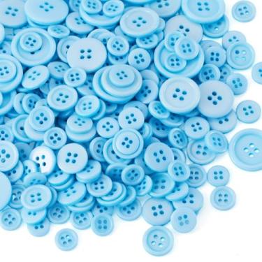 Imagem de Botões de costura redondos planos mistos 1 saco botões de resina de 4 furos para camisa, roupas, casacos, casacos, jaqueta, jeans, saias, artesanato de costura, decoração DIY, azul celeste, 11,5 ~