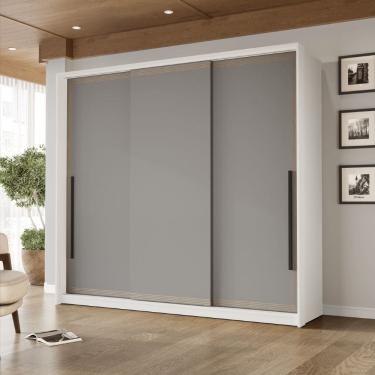 Imagem de Guarda Roupa Roupeiro 3 portas de correr 4 gavetas Valência Branco Cinza Politorno Móveis