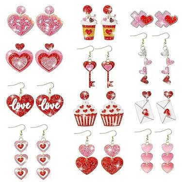 Imagem de 12 pares de brincos de dia dos namorados rosa brilhante acrílico pingente brinco de coração vermelho para presente de aniversário de dia dos namorados acessórios de joias de festa