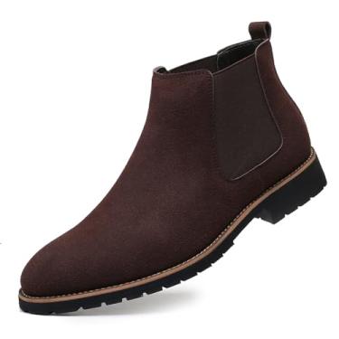 Imagem de Botas masculinas Chelsea de couro de camurça, sem cadarço, com bico redondo, para uso casual e formal, botas masculinas de couro PU, Marrom, 44