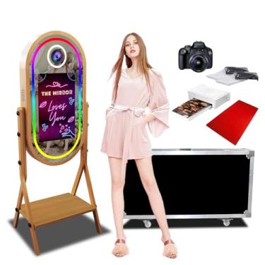 Imagem de VANYA Cabine fotográfica oval com espelho mágico, tela sensível ao toque de 54.6 cm imitação de grão de madeira DSLR selfie máquina fotográfica com impressora e câmera, para aluguel de festa de