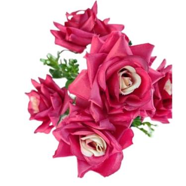 Imagem de Rosa Artificial Decorativa com 5 Flores na Ponta, Galho Realista para Arranjos e Decoração de Ambientes(Kit com 4,Rosa Pink c Miolo Chá)