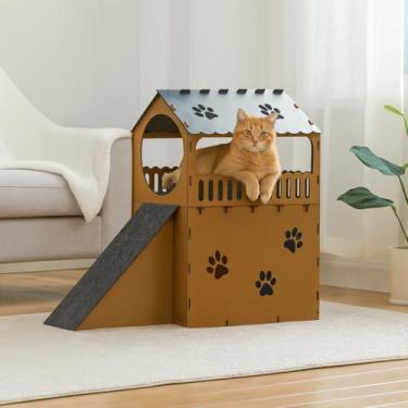 Imagem de BOXFAN Casinha Casa de Gato Toca Para Gatos 2 Andares Rampa Arranhador Brinquedo Gatinho Playground Mdf Parquinho Casa Grande Beliche Luxo Diversão com Carpete para Gatos Filhotes e Adultos