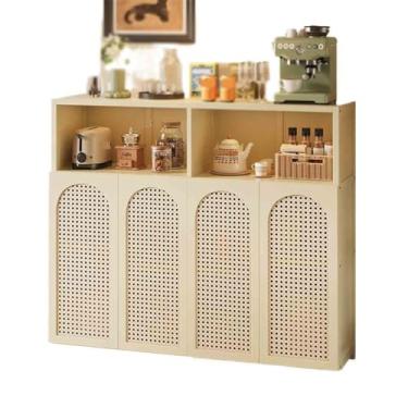 Imagem de Aparador de cozinha estilo retrô para cozinha, sala de estar, armazenamento no chão, montado na parede, quatro portas com compartimentos armário buffet (branco)