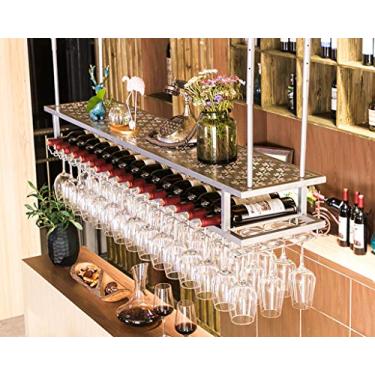 Imagem de Prateleiras de vinho prateleira suspensa suporte de garrafa de vinho decoração prateleiras de teto taças de vinho flutuantes armazenamento retrô decoração de casa prateleiras de bar (branco), 100 cm