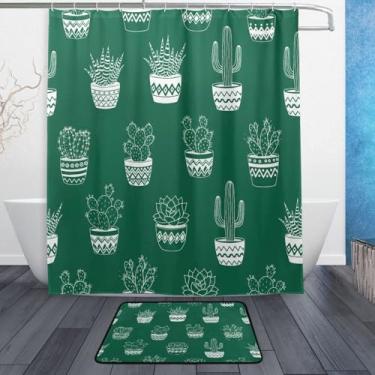 Imagem de Kigai Conjuntos de tapetes de cortina de banho de planta em vaso de cacto 2 peças, conjunto temático de banheiro (152 x 182 cm) com cortina de chuveiro e tapete antiderrapante -12 ganchos