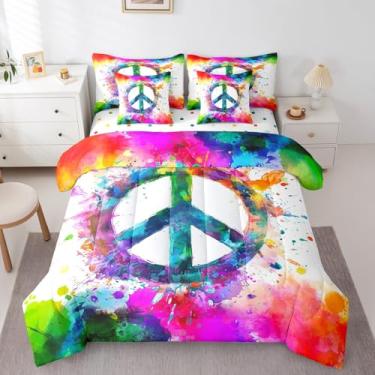 Imagem de Erosebridal Conjunto de edredom solteiro com símbolo da paz, 7 peças, arco-íris, tie dye, arte fluida, arte fluida, hippie, aquarela, ombré