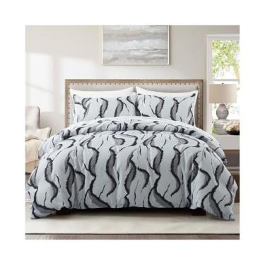 Imagem de Conjunto de capa de edredom cinza preto ondulado listrado abstrato geométrico macio para a pele reversível conjunto de capa de edredom (EU único (135 x 200 cm))