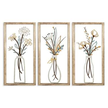 Imagem de Pigort 3 peças de arte de parede floral emoldurada de madeira - Arte de parede de flores de fazenda com tema natural para sala de estar quarto sala de jantar escritório 19 x 40 cm (bege)