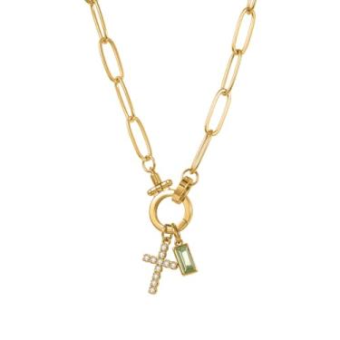 Imagem de MYDIY Colar feminino com pingente de cruz de pedra do mês de nascimento banhado a ouro, corrente delicada em camadas, presente inicial personalizado, joia cristã, pingente de cruz de fé, presente de