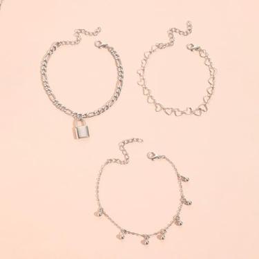 Imagem de Conjunto de tornozeleira feminina com 3 peças, corrente de coração, pingente de cadeado e tornozeleira com contas, tornozeleira ajustável para praia