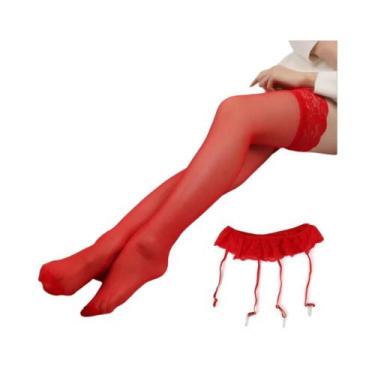 Imagem de Meias femininas sexy de renda quente até a coxa + cinta-liga suspensa 