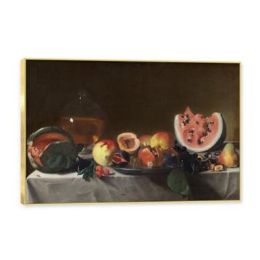 Imagem de NHLDZYH Moldura dourada. Vintage Fruta Ainda Natureza Tela Retro Frutas Motivo Estilo Country Decoração de Parede para Cozinha e Sala de Jantar. C29. 30 x 45 cm.