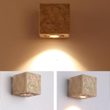 Imagem de Arandela de parede em pedra natural amarela, luminária de parede moderna para interiores, luz LED decorativa com iluminação para cima e para baixo, ideal para quarto, sala de estar, corredor