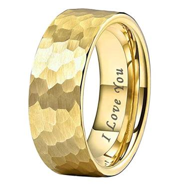 Imagem de TUTISS Anéis de carboneto de tungstênio martelado prata preto e dourado de 6 mm 8 mm para homens e mulheres, alianças de casamento com acabamento fosco I Love You Gravado Ajuste confortável, Metal não