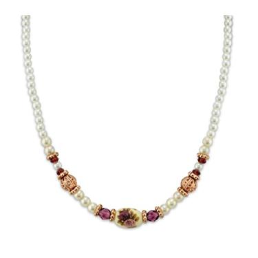 Imagem de Colar feminino 1928 Jewelry Manor House 4 mm Faux Pearl Strand ametista cristal filigrana Puff Ball Colar 38 cm + extensor de 7,6 cm, One Size, Zinco, Sem Pedra Preciosa