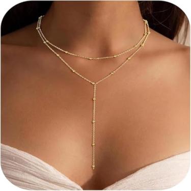 Imagem de Colar em Y banhado a ouro 14K para mulheres – Colar hipoalergênico com contas de ouro em camadas, colar Lariat ajustável com fecho lagosta (presente de aniversário/aniversário/dia das mães)