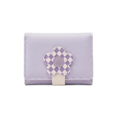 Imagem de Carteira Feminina Pequena Compacta Porta Cartões e Notas Design Flor Xadrez Couro PU Macio Mini Tons Pastel (Lilás)