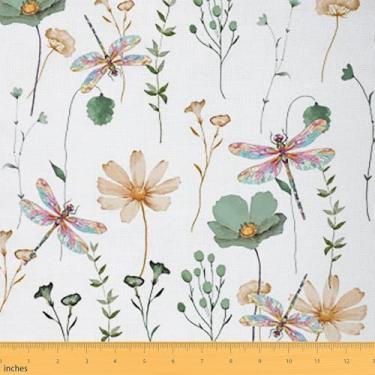 Imagem de Erosebridal Tecido de flor aquarela por jarda libélula verde sálvia bege impermeável tecidos para ambientes externos estética minimalista tecido estofado para guardanapos, vestidos, artesanato faça