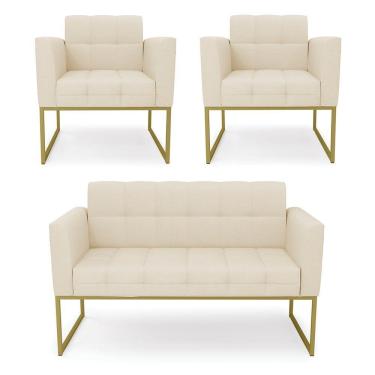 Imagem de Kit 1 Sofá Namoradeira E 2 Poltronas Elisa Linho Base Metálica Industrial Dourada Cor A19 Bege