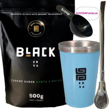 Imagem de Kit Tereré Black Erva Mate 500g+ Copo Alumínio Térmico AZUL + Bomba Tr