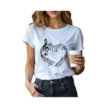 Imagem de Camiseta Feminina Branca E Preta Com Estampa De Notas Musicais, Casual