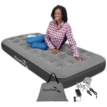 Imagem de Colchão Inflável Solteiro, para viagens, camping, com bomba de ar incluída 12V, 220v, ENERPLEX, Cinza