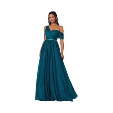 Imagem de Vestido de dama de honra com cinto de lantejoulas e flangeado de um om
