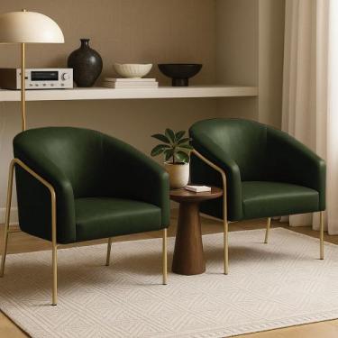 Imagem de Poltrona Sala Industrial Alta Dourado Kit 2 Stella Sintético PU Verde 