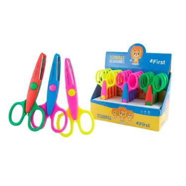 Imagem de Caixa com 12 Tesouras Escolares Decorativas 13cm com 3 Formatos de Corte Ponta Arredondada