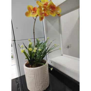 Imagem de Vaso creme arranjo floral Orquídeas amarela - Ceramica