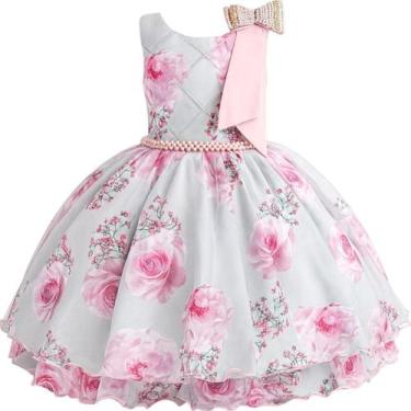 Imagem de Vestido Infantil Florido Rosa com Tule e Cinto e Laço de Pérolas - - B