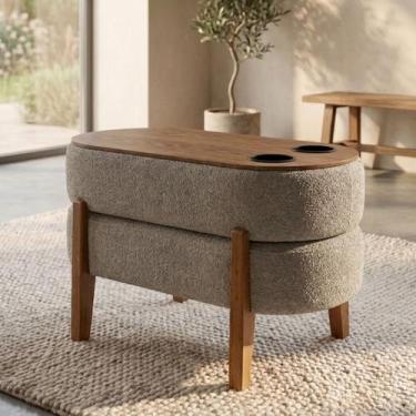 Imagem de Mesa de Centro e Puff 2 em 1 Ukora com Porta Copos - Tecido Bouclé Cin