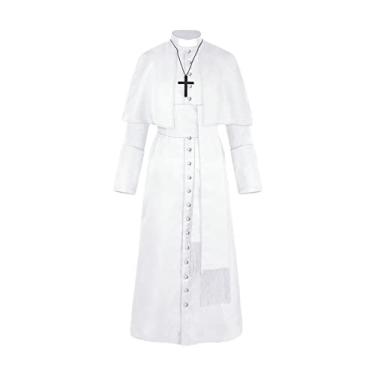 Imagem de Wemay Traje de padre de halloween com colar de cruz unissex masculino feminino sólido longo padre vigário fantasia outwear trajes de cosplay de padre medieval adereços de festa de halloween