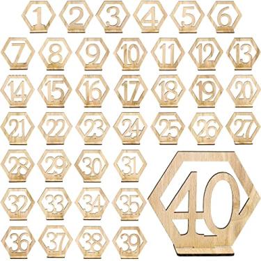 Imagem de 40 peças de números de mesa de madeira hexagonal, números de mesa para recepção de casamento, 1 a 40 números de madeira com base de suporte, decorações de casamento de madeira, números de madeira rústicos para festa de evento de casamento