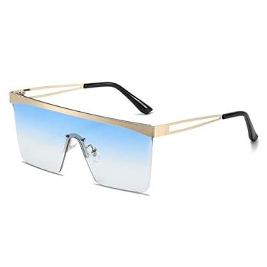 Imagem de Óculos de sol quadrados vintage sem aro de uma peça para mulheres moda liga superdimensionada óculos de sol planos masculinos tons gradientes óculos, azul dourado, tamanho único