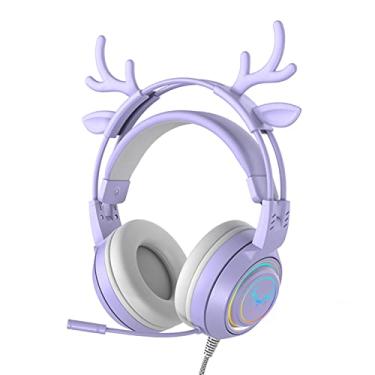 Imagem de RGB Wired Deer Ear fone de ouvido com microfone, fofo jogo de 3,5 mm de ouvido para namorada purple