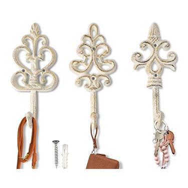 Imagem de Ganchos de parede decorativos chiques gastos - conjunto de 3 - decoração de parede country francesa de ferro fundido - cabides de casa de fazenda para casacos, bolsas e mais - branco rústico