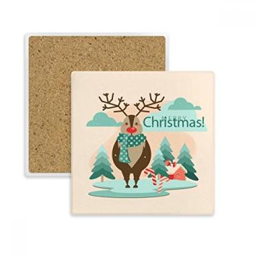 Imagem de Porta-copos quadrado com ilustração de rena, árvore de Natal, porta-copos, suporte de subplaca, pedra isolante