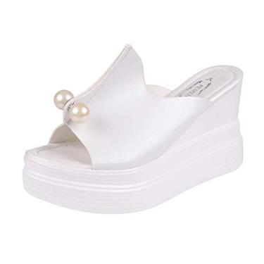 Imagem de Sandálias femininas impermeáveis Pearl Wedge sandálias femininas lisas de fundo grosso feminino bonito sandálias tamanho, Branco, 5.5