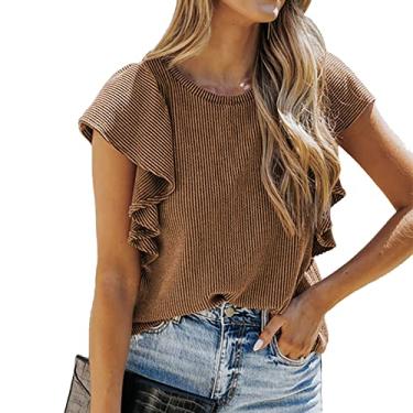 Imagem de Camisetas femininas de manga curta, camisetas de verão gola redonda casual ajuste solto pulôver tops blusas, marrom, 3GG (busto: 120 cm)