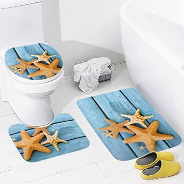 Imagem de Conjunto de tapetes de banheiro 3 peças de conchas de verão e mar, tapete de banheiro lavável de madeira antiderrapante, tapete de contorno e tampa para banheiro