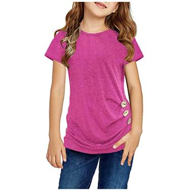 Imagem de Túnica de nó com botões e manga curta para meninas blusa casual blusa frontal camiseta infantil meninas jaquetas para meninos, Rosa choque, 6-7 Anos