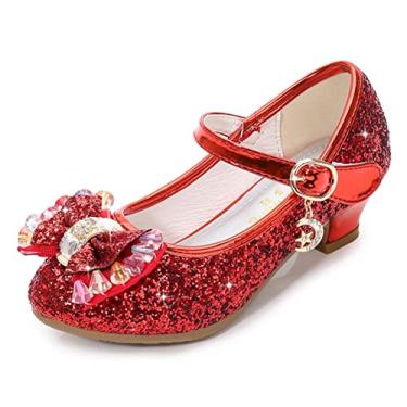 Imagem de ZJBPHL Sapatos sociais para meninas salto baixo flor festa casamento princesa Mary Jane sapatos (bebê/criança pequena/criança grande), Vermelho - 3, 4 Big Kid